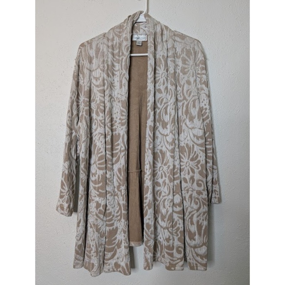 Coldwater Creek Cardigan Size 1X Travel Floral Stretch Tan‎ White Boho Artsy